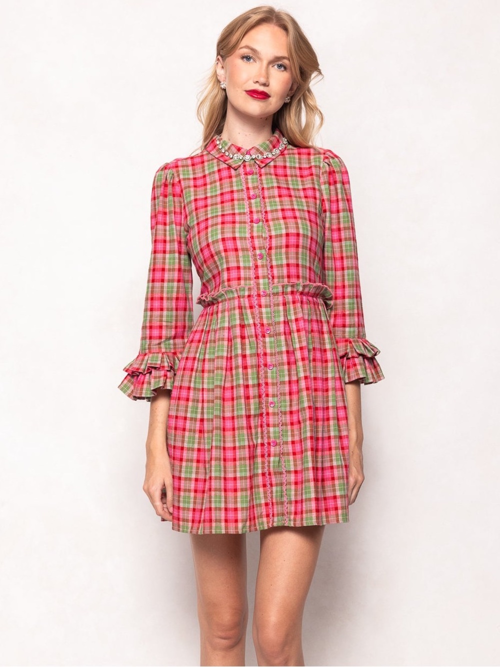 Ivy City Co. Plaid Mini Dress – Pink & Green – Size Small